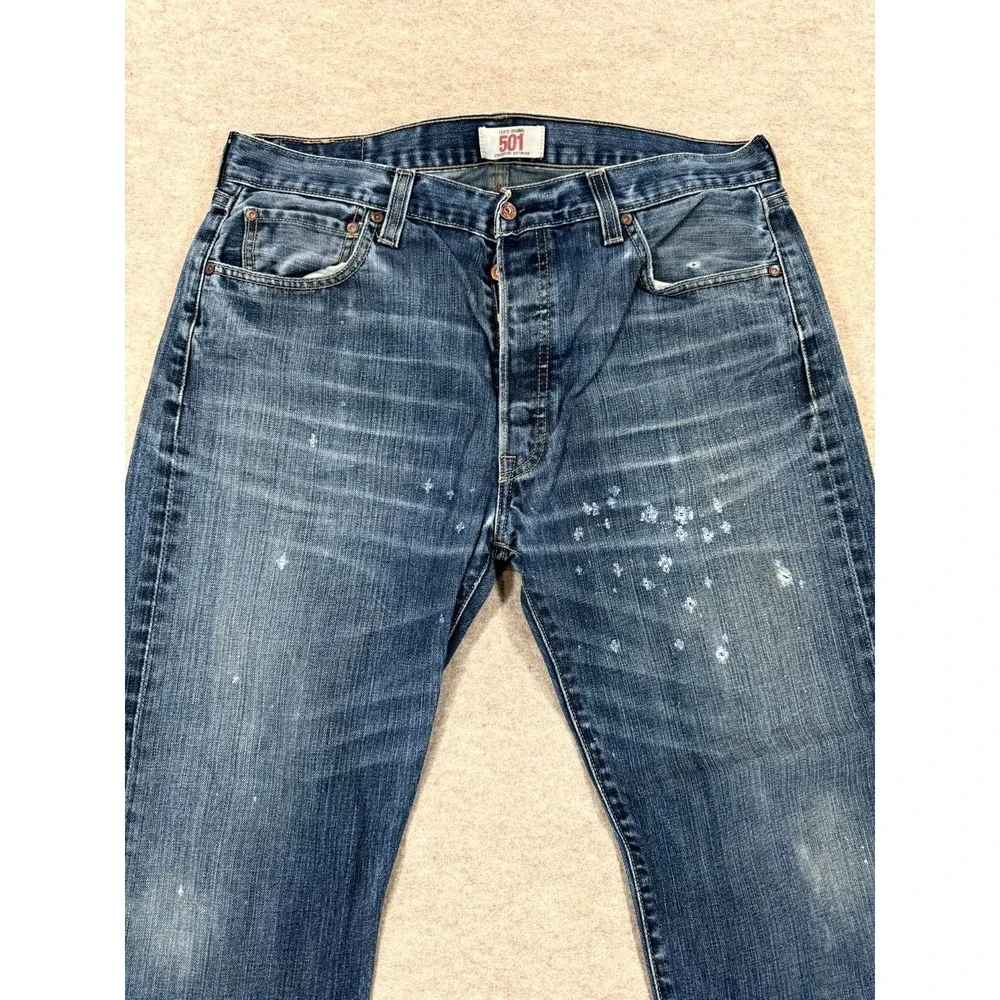 Levis 501 Original Straight Jeans Men 36x34 Blue Whiskering Denim Button Fly